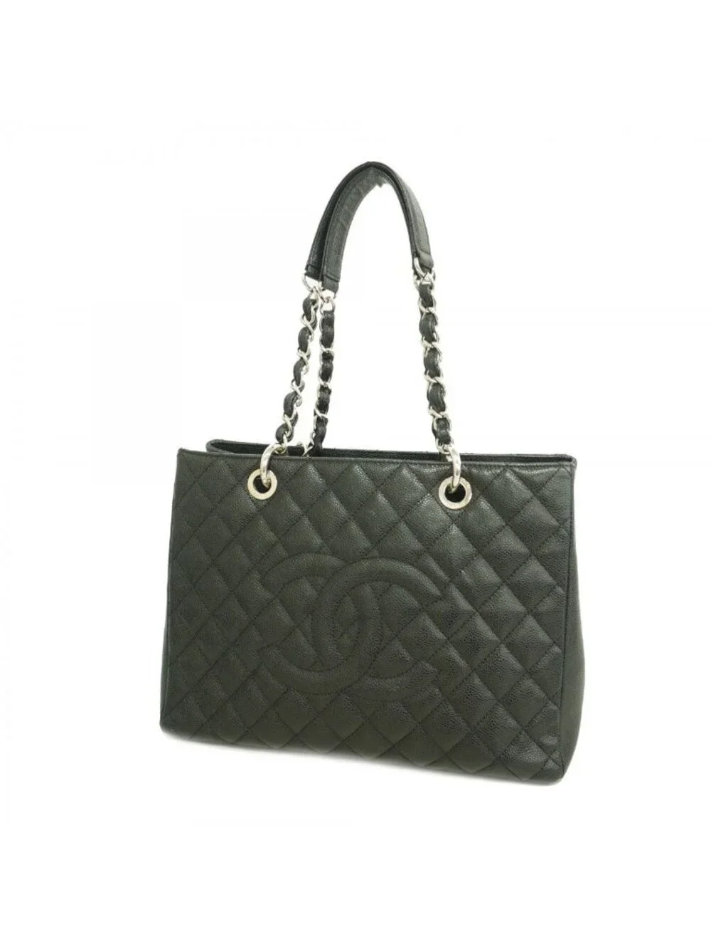 Chanel Chain Tote Quilted Caviar Leather Black Silver